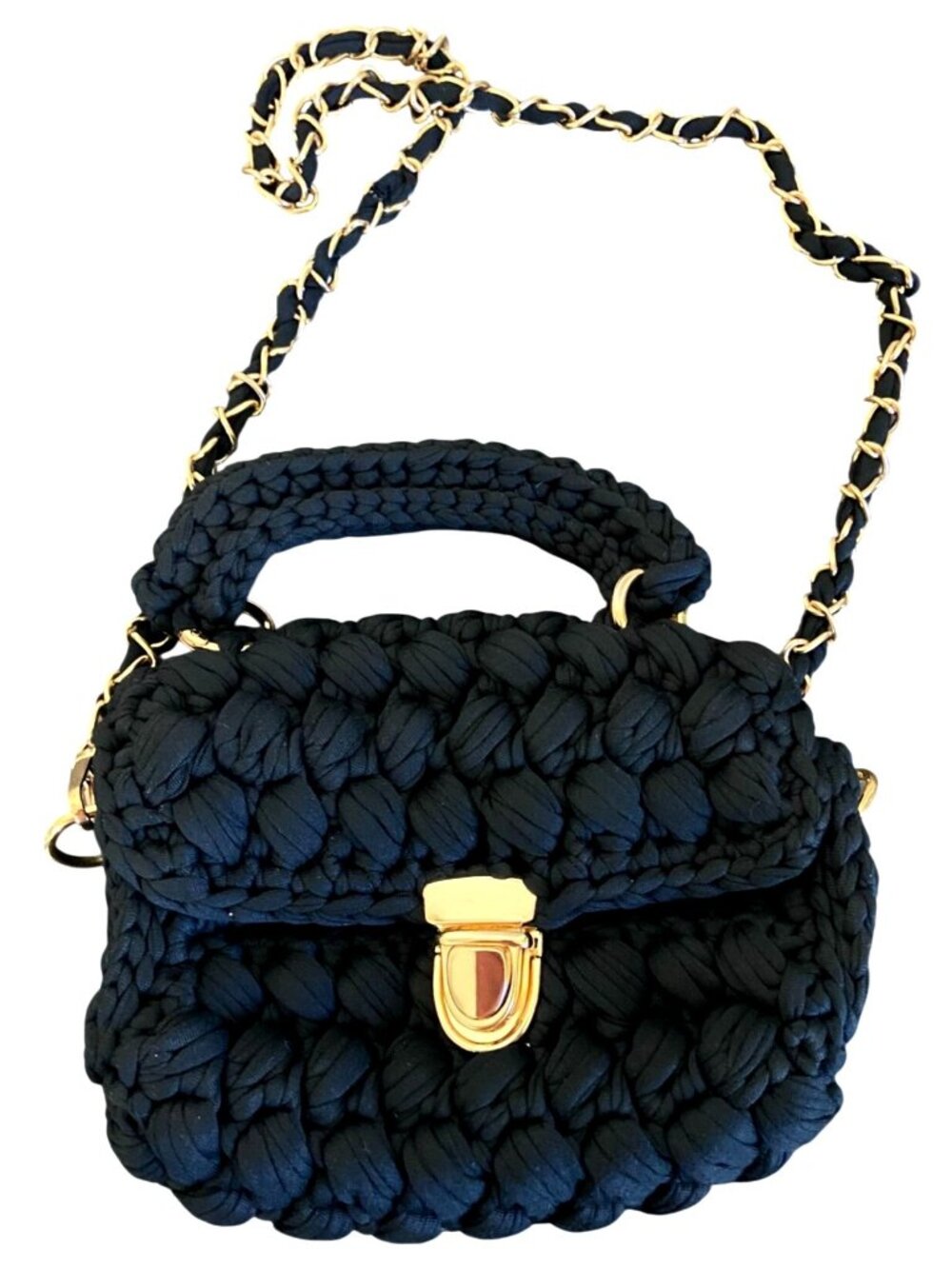 Handmade Black Crocheted Mini Crossbody Handbag w/ Gold Chain & Top Handle NEW